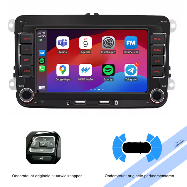 Strak SmartDrive H270 display met CarPlay & Android Auto functionaliteit in een VW dashboard. Autoradio upgrade.