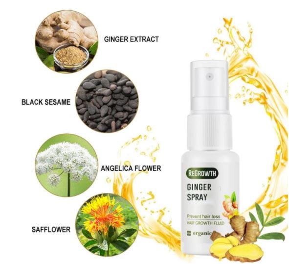 Fles Gember Haargroeispray, natuurlijke formule tegen haaruitval. Voor dikker en voller haar.