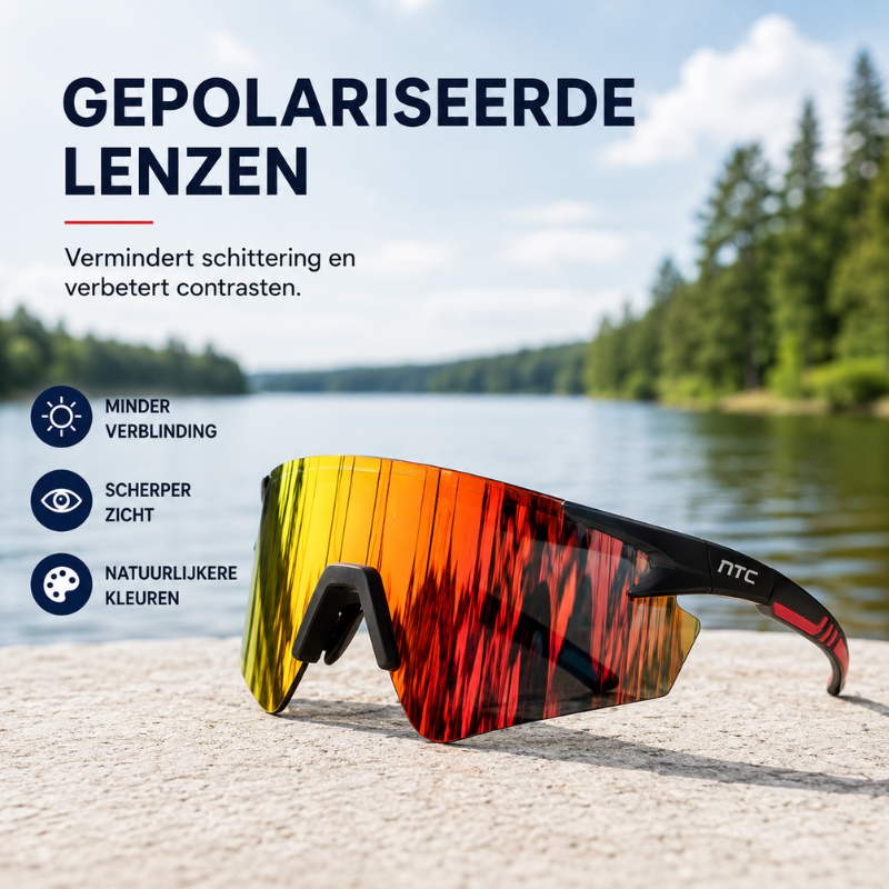 Heren fietszonnebril UV400 op een fietser, biedt helder zicht en bescherming tijdens de rit.