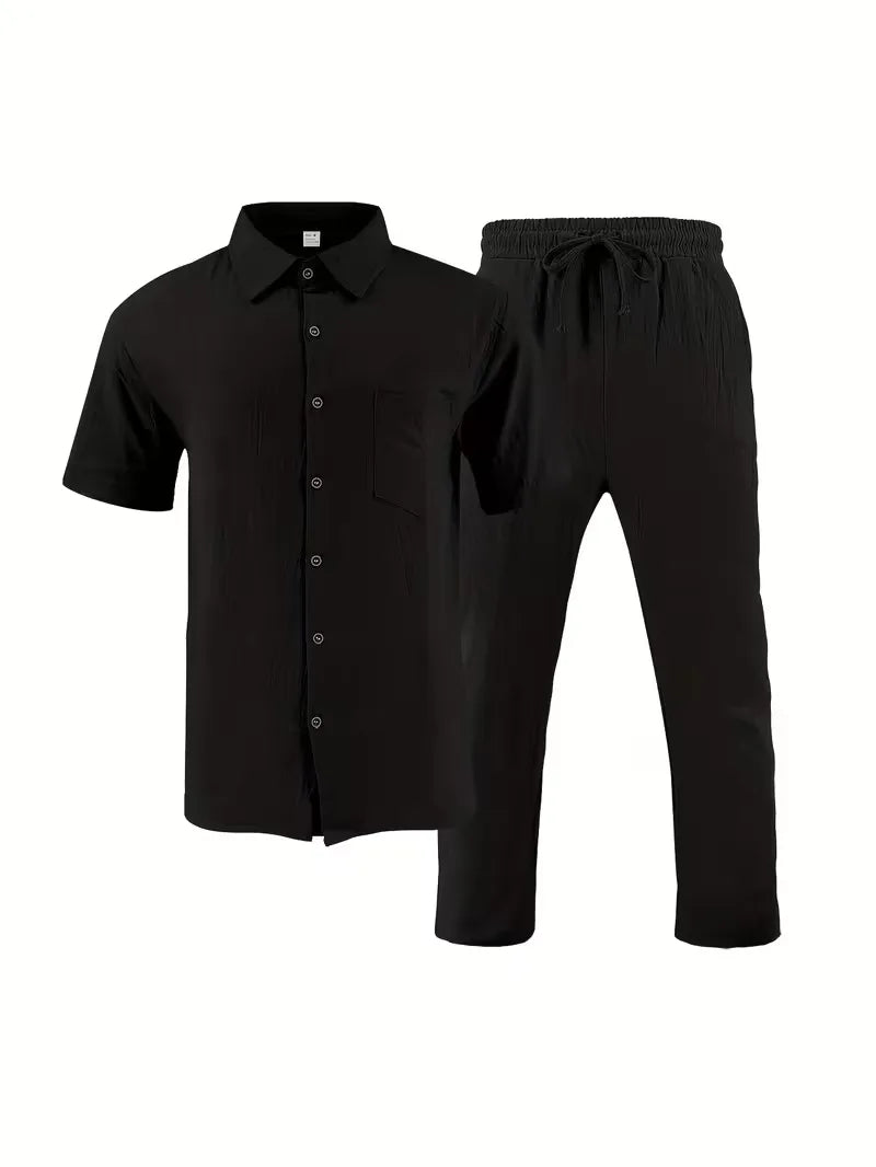 Stijlvolle heren casual set: V-hals shirt korte mouwen & rechte pijpen broek, perfect voor vakantie.