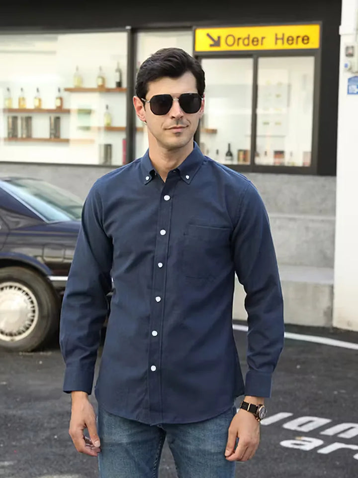 Trendy herenoverhemd, casual, mandarin kraag, lange mouwen, smart casual voor lente/herfst.