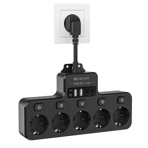 Strak, compact 8-in-1 stroompaneel met USB, USB-C en AC stopcontacten. Modern multi-laadstation voor elk bureau.