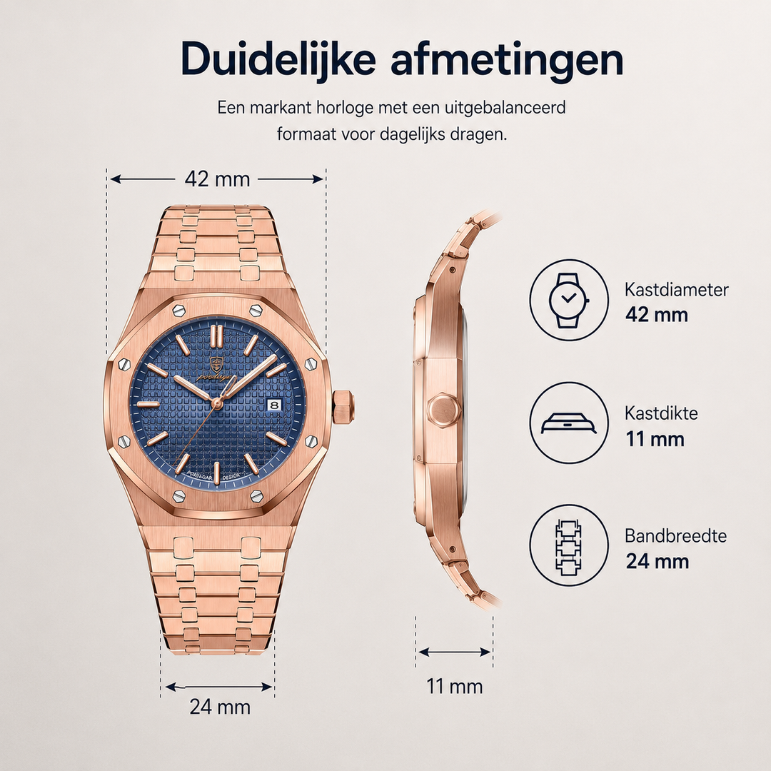 Detailopname van de wijzerplaat van het elegante Jonas Deluxe herenhorloge, met precieze uurmarkeringen.