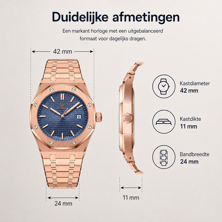Detailopname van de wijzerplaat van het elegante Jonas Deluxe herenhorloge, met precieze uurmarkeringen.