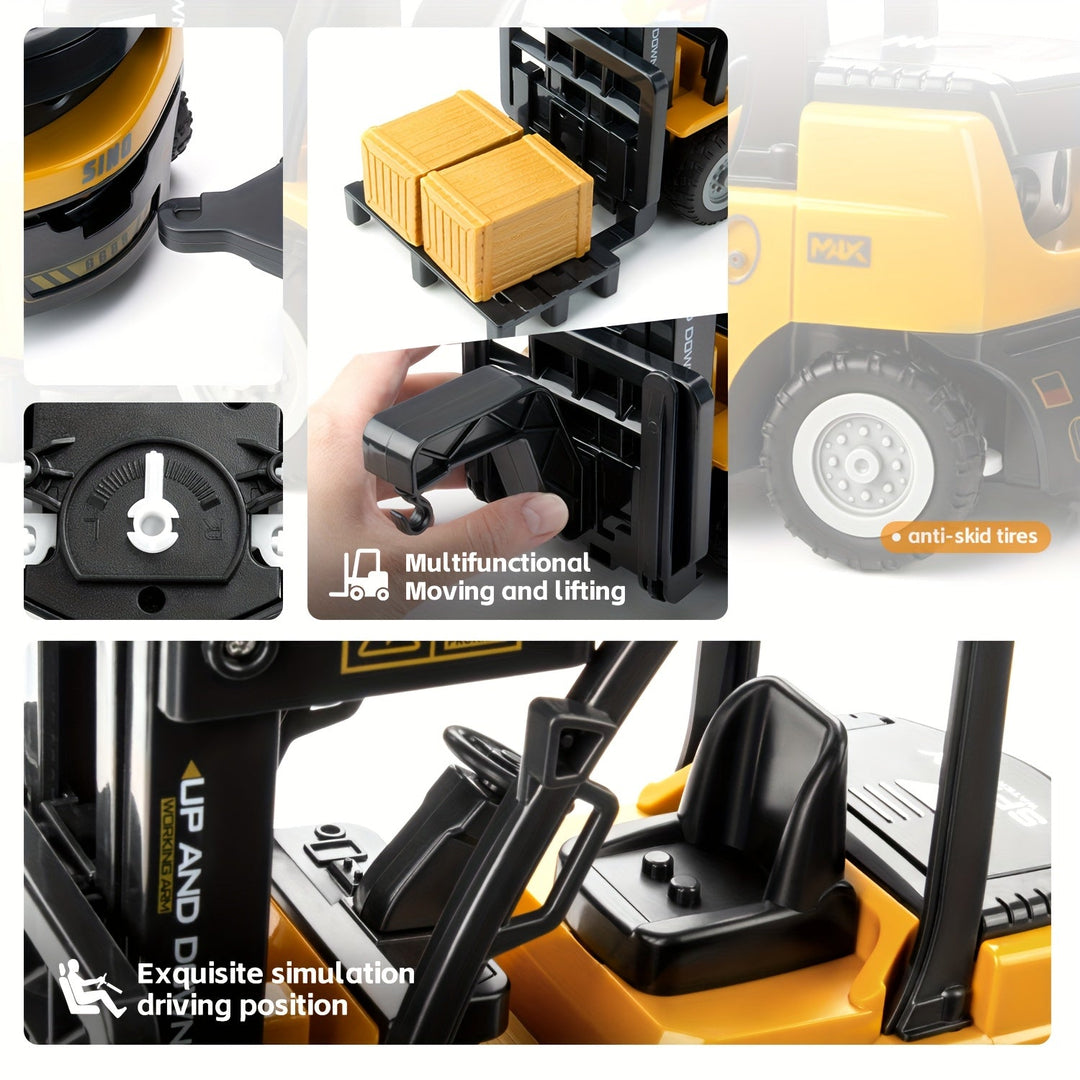 Gedetailleerd schaalmodel RC heftruck 1:24 met realistische lichten en trailer voor jonge bouwers.