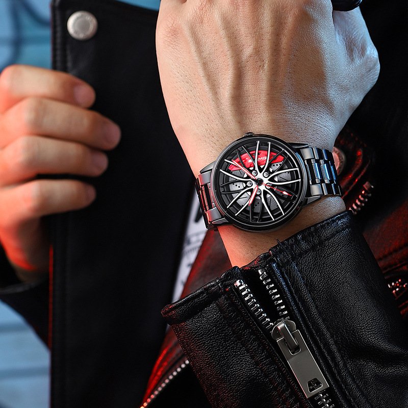 Detail van RaceVision herenhorloge, toont sportieve racewagen wijzerplaat en stijlvolle band.