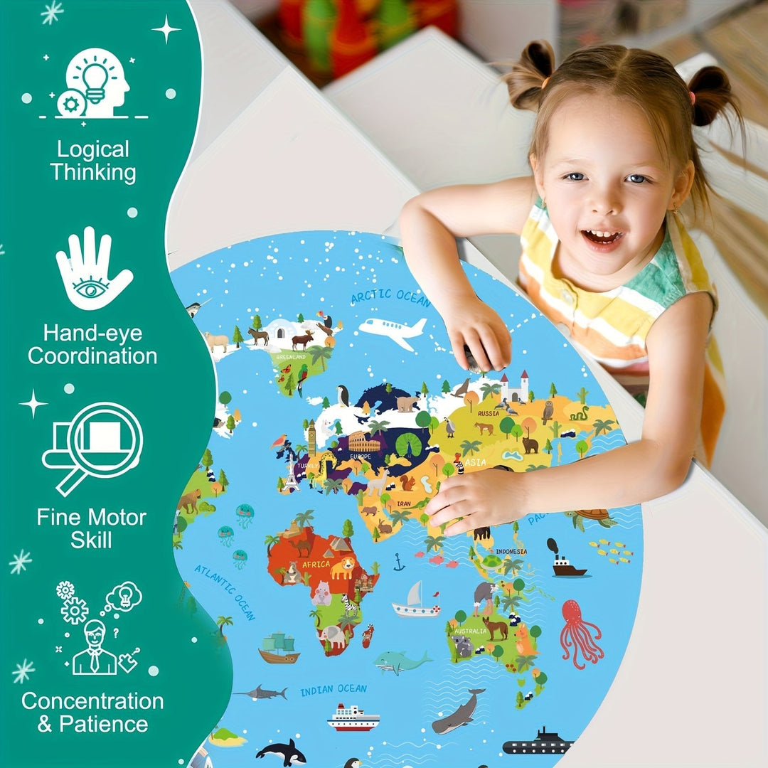 Kinderen leren met deze 70-delige ronde wereldkaart vloerpuzzel vol dieren; educatief speelgoed.