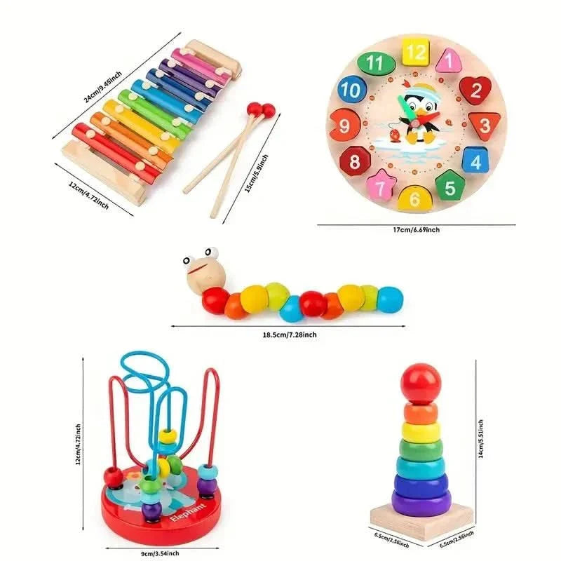 Detail van de 5-in-1 houten Montessori speelset; verschillende educatieve elementen voor baby's zichtbaar.
