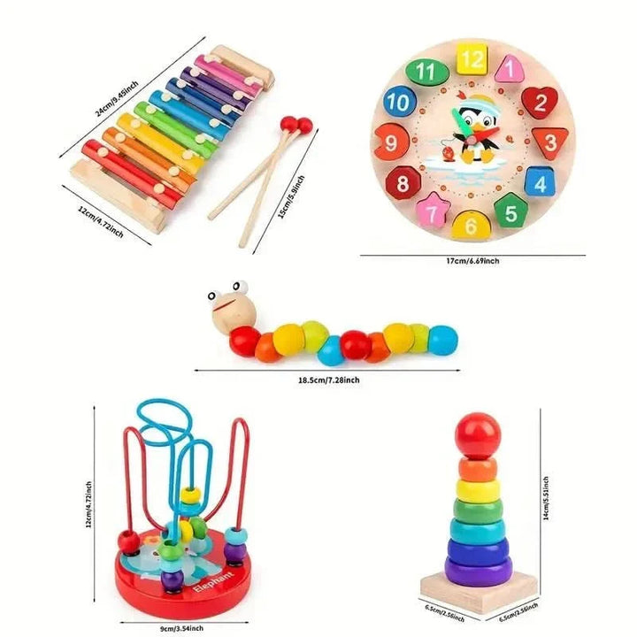 Detail van de 5-in-1 houten Montessori speelset; verschillende educatieve elementen voor baby's zichtbaar.