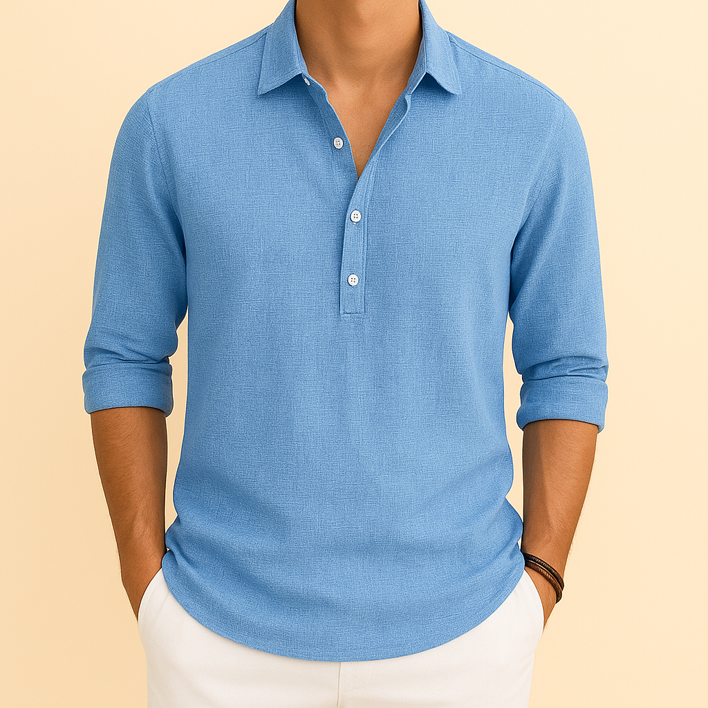 Zacht, comfortabel heren pullover overhemd, losse pasvorm, lange mouwen. Relaxte herfststijl.