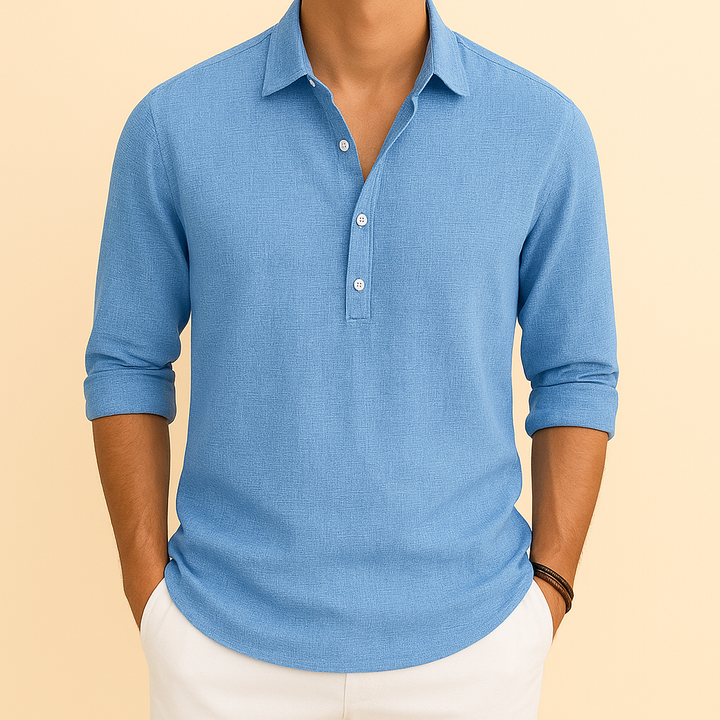 Zacht, comfortabel heren pullover overhemd, losse pasvorm, lange mouwen. Relaxte herfststijl.