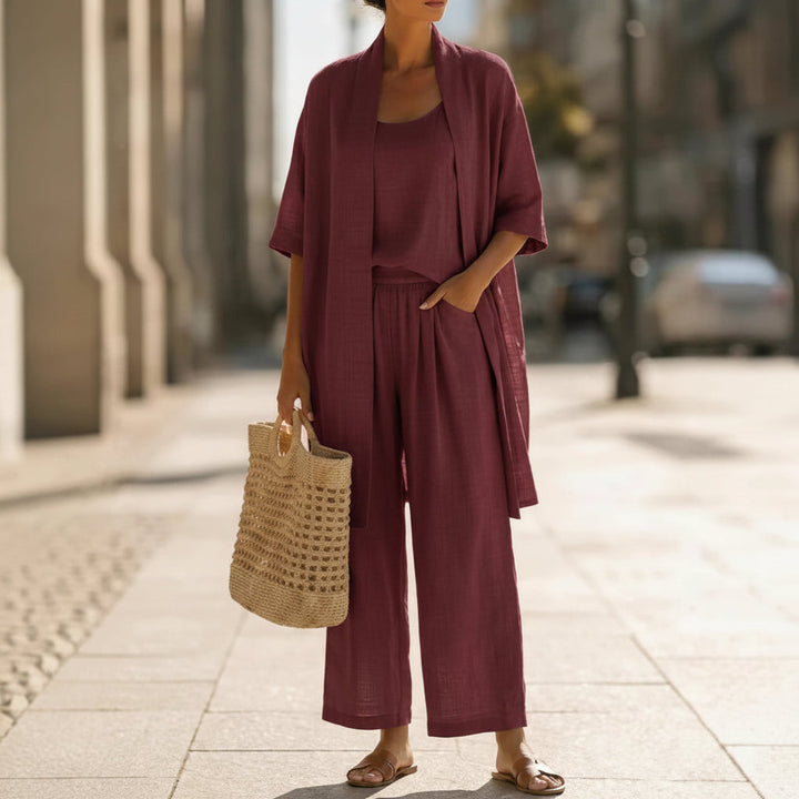 Veelzijdige 3-delige dames set met vest, tanktop & rechte broek, ideaal voor kantoor, reizen of casual.