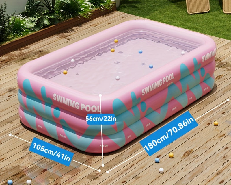 Eenvoudig op te zetten opblaasbaar zwembad, perfect voor zomerse feestjes en buitenactiviteiten met familie en vrienden.