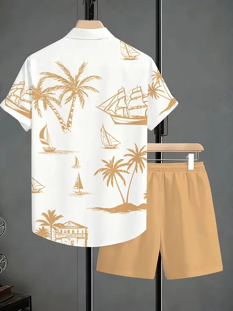 Modieuze heren zomerkleding set: tropisch shirt met korte mouwen & matchende shorts, ideaal voor casual gelegenheden.