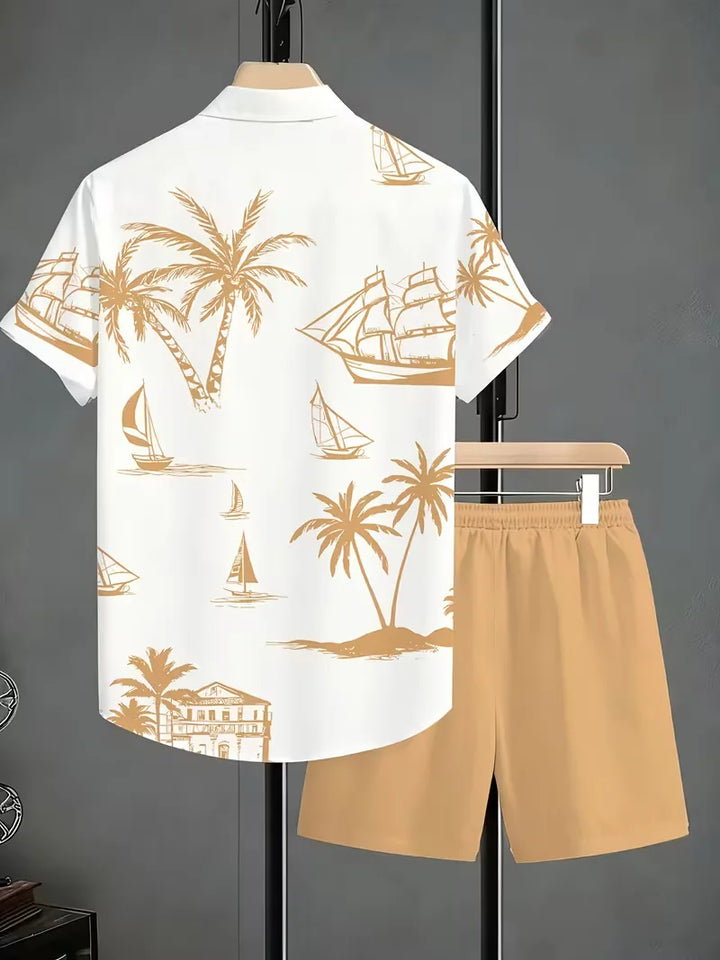 Modieuze heren zomerkleding set: tropisch shirt met korte mouwen & matchende shorts, ideaal voor casual gelegenheden.