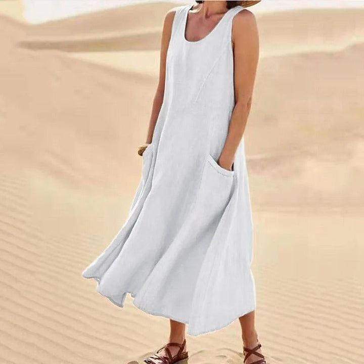 Comfortabele casual linnen midi jurk voor dames, mouwloos, ideaal als strand- of vakantiejurk.