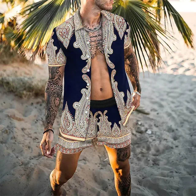 Stijlvolle heren tweedelige set met opvallende zomerprint, comfortabel en trendy.