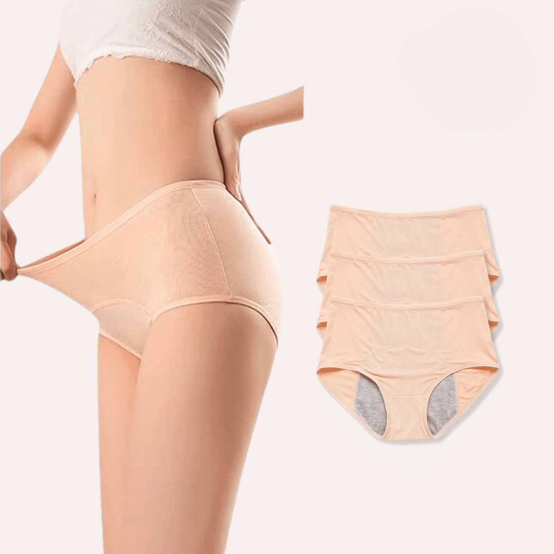 Drie comfortabele lekvrije menstruatie onderbroeken voor dames, ideaal voor dagelijks gebruik.