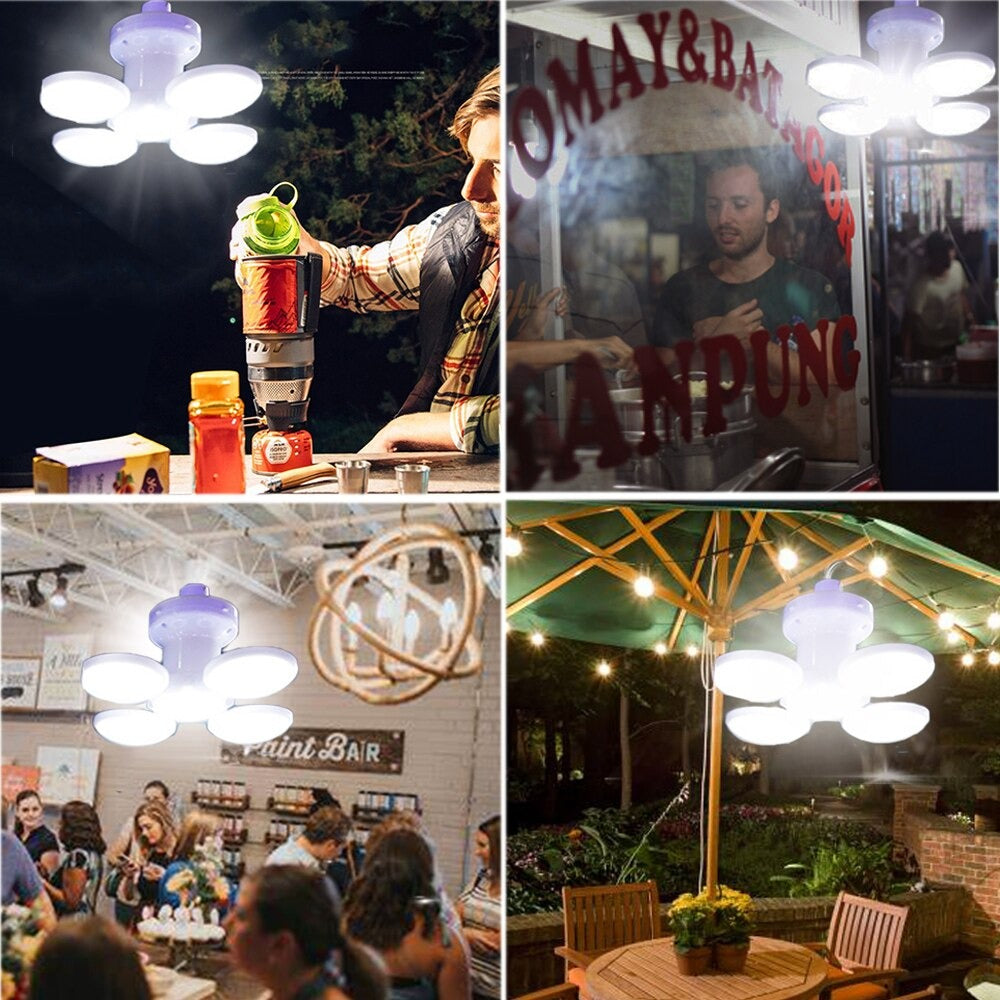 Bulby draagbare LED solar lamp, volledig uitgeklapt en helder lichtgevend, voor sfeervolle buitenverlichting.