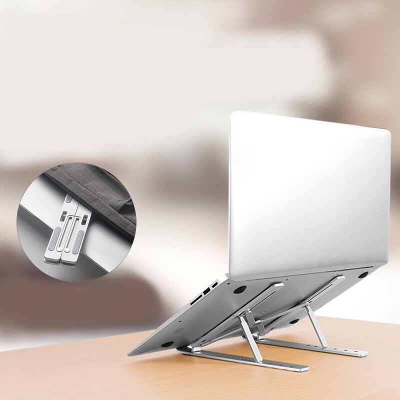Ergonomische zilveren laptopstandaard met open design voor optimale warmteafvoer, voorkomt oververhitting.