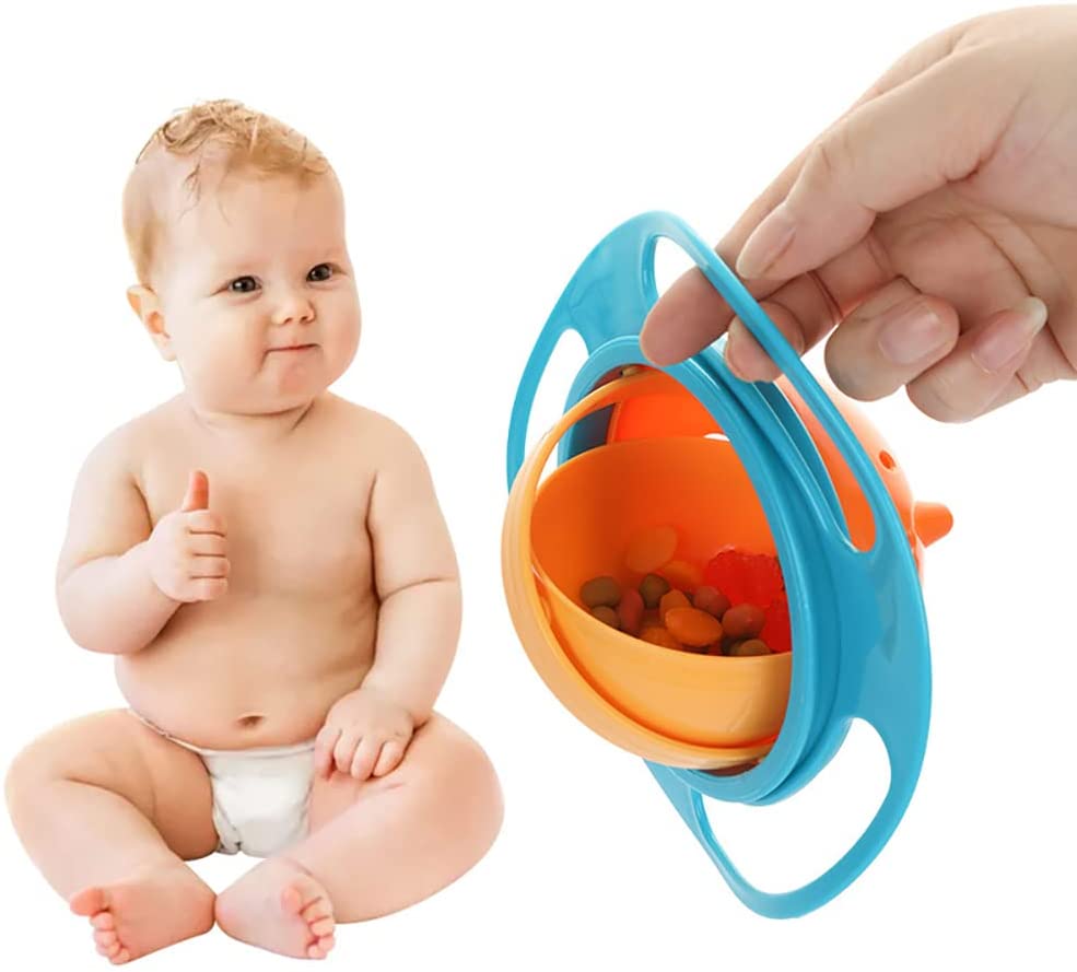 Lachende baby eet uit duurzame, anti-mors kom. Ideaal kinderservies voor zelfstandige voeding zonder knoeien.
