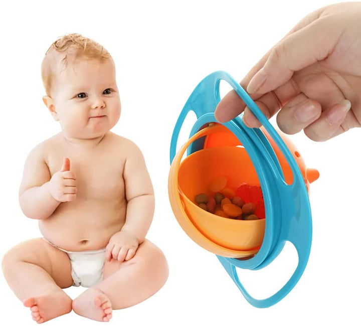 Lachende baby eet uit duurzame, anti-mors kom. Ideaal kinderservies voor zelfstandige voeding zonder knoeien.