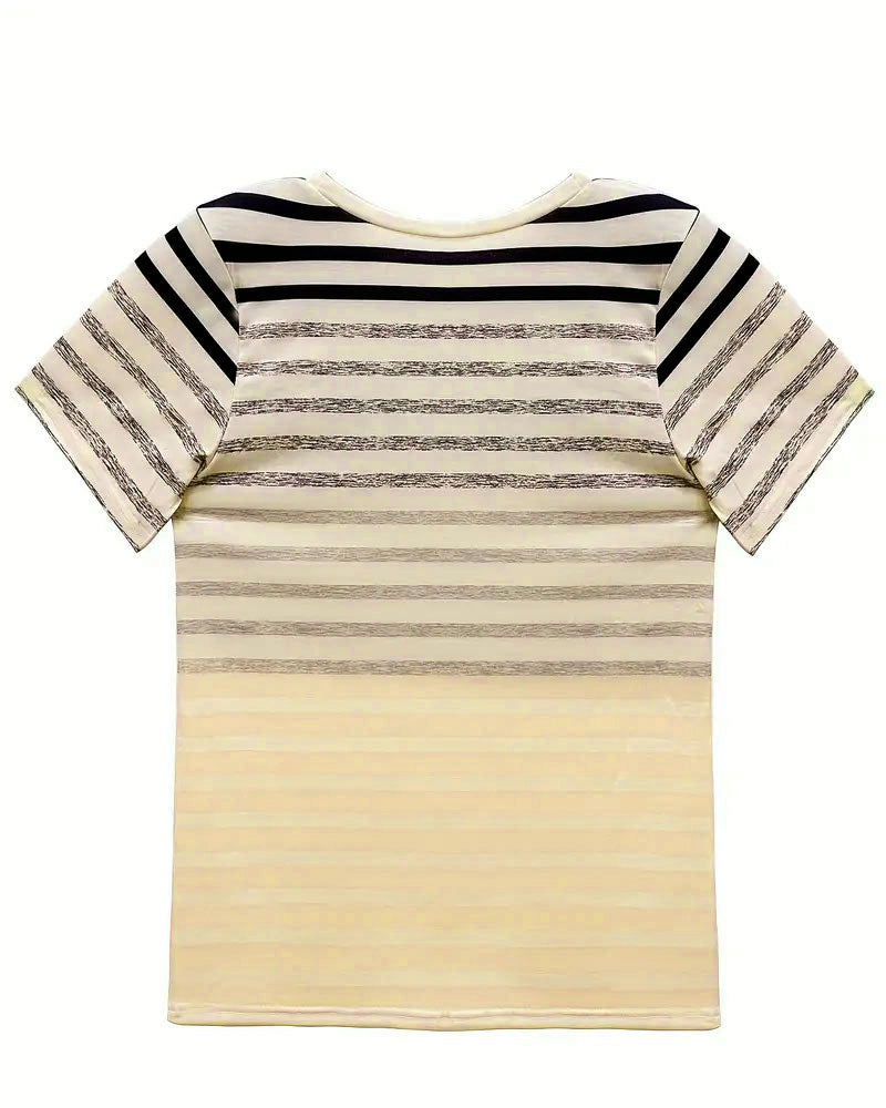 Zomers dames t-shirt, gestreept met levendig kleurverloop, ronde hals, korte mouwen. Casual en chique.
