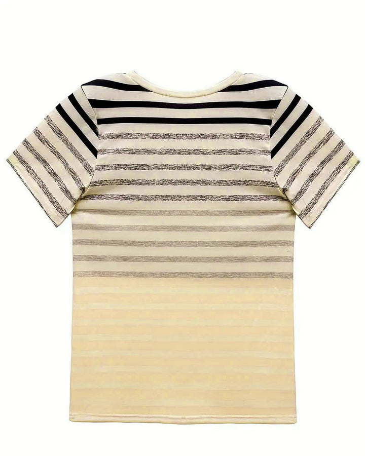 Zomers dames t-shirt, gestreept met levendig kleurverloop, ronde hals, korte mouwen. Casual en chique.