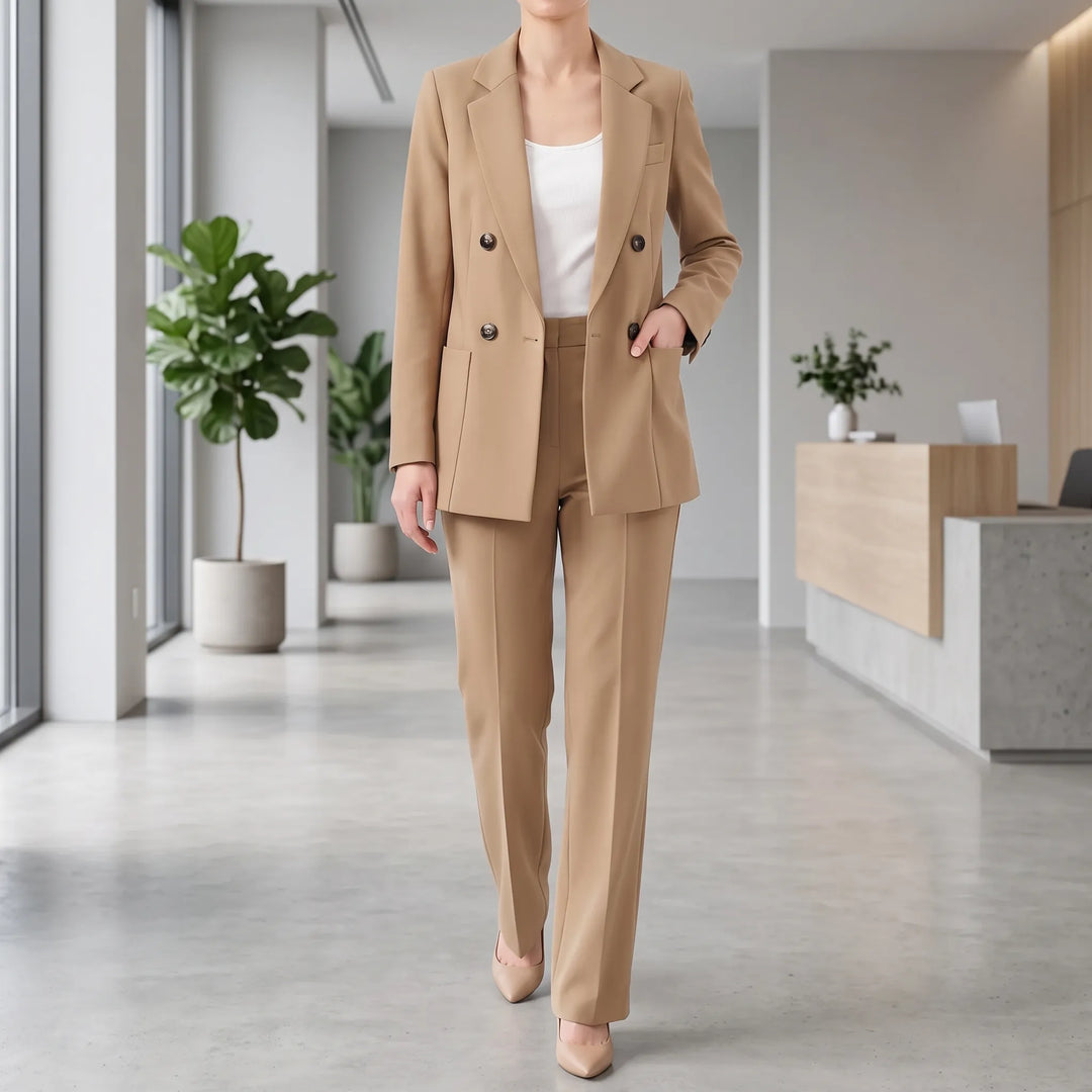 Elegant kaki dames 2-delig broekpak, perfect voor zakelijke of feestelijke gelegenheden. Gestructureerde blazer en slim fit pantalon.