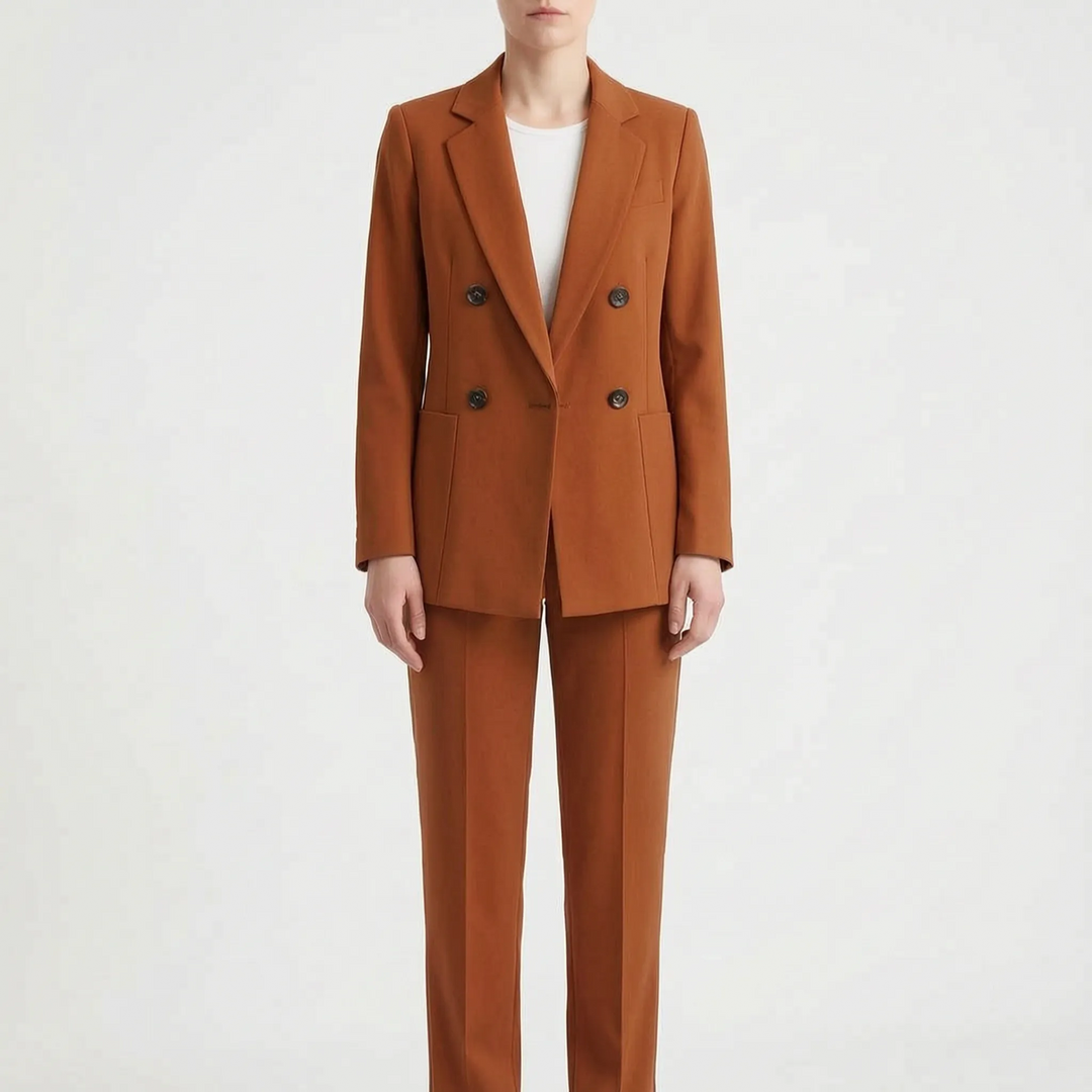 Modieus gestructureerd dames broekpak in kaki/bruin, tweedelige set met elegante blazer en pantalon voor een krachtige look.