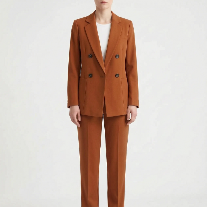 Modieus gestructureerd dames broekpak in kaki/bruin, tweedelige set met elegante blazer en pantalon voor een krachtige look.