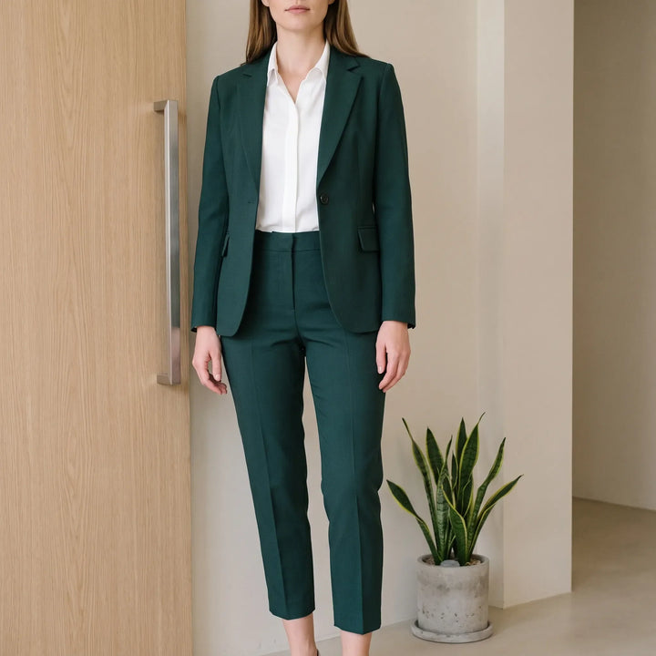 Elegant groen dames broekpak 2-delig met lange mouwen en rechte pijpen, perfect voor zakelijke gelegenheden.