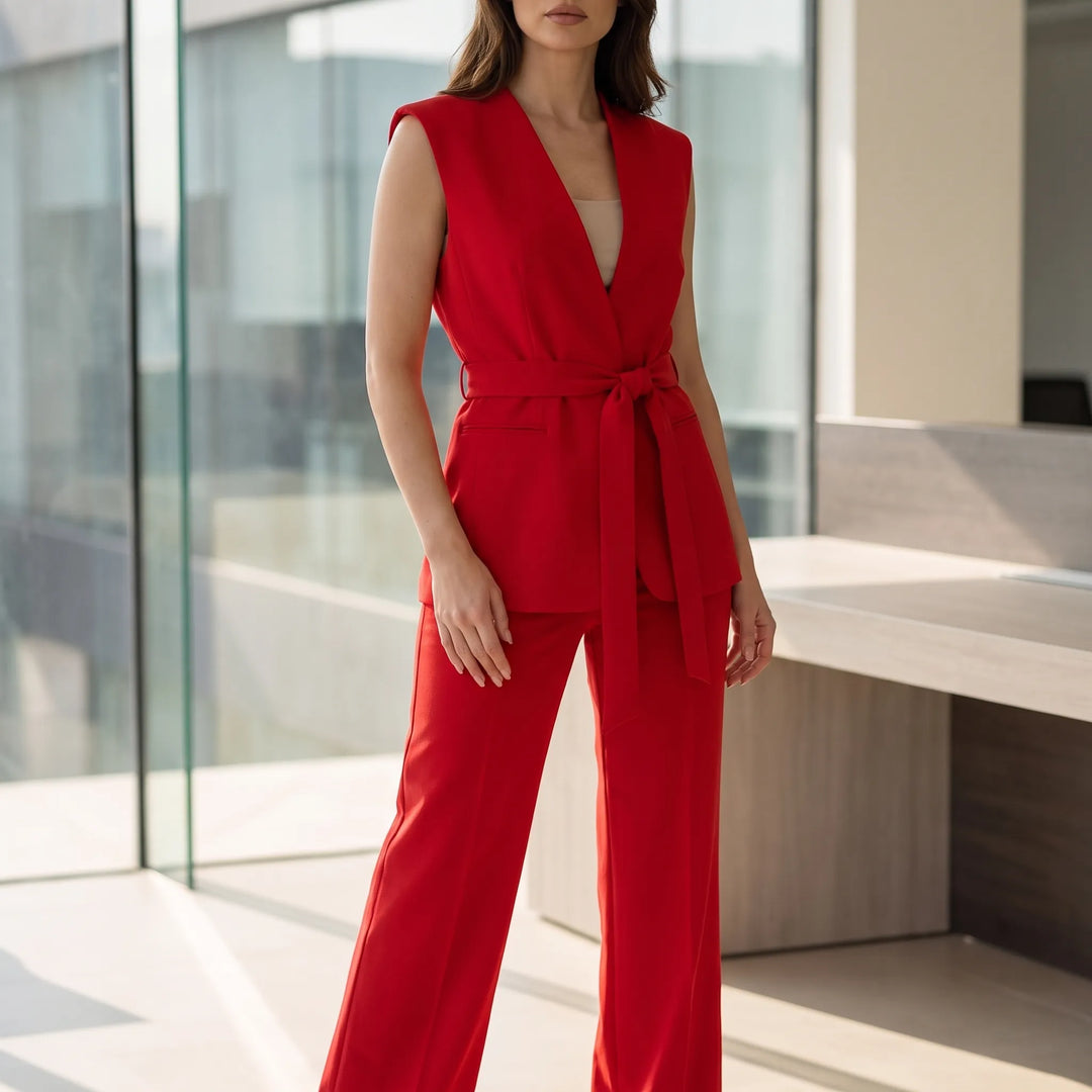 Elegant rood dames broekpak met overslagtop en rechte pijpen, ideaal voor chique of zakelijke gelegenheden.