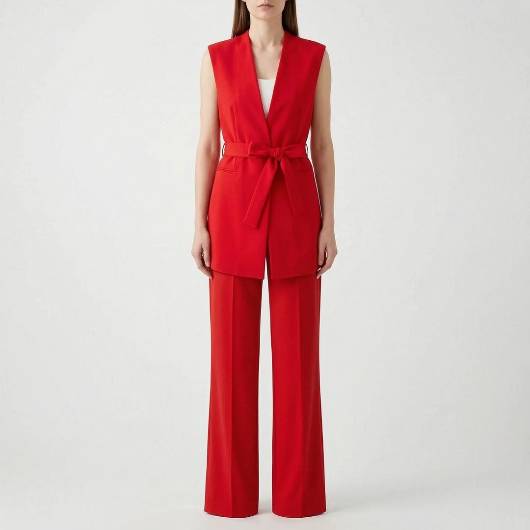 Stijlvol effen rood dames broekpak met getailleerde overslagtop en rechte pijpen, perfecte vrouwenmode.