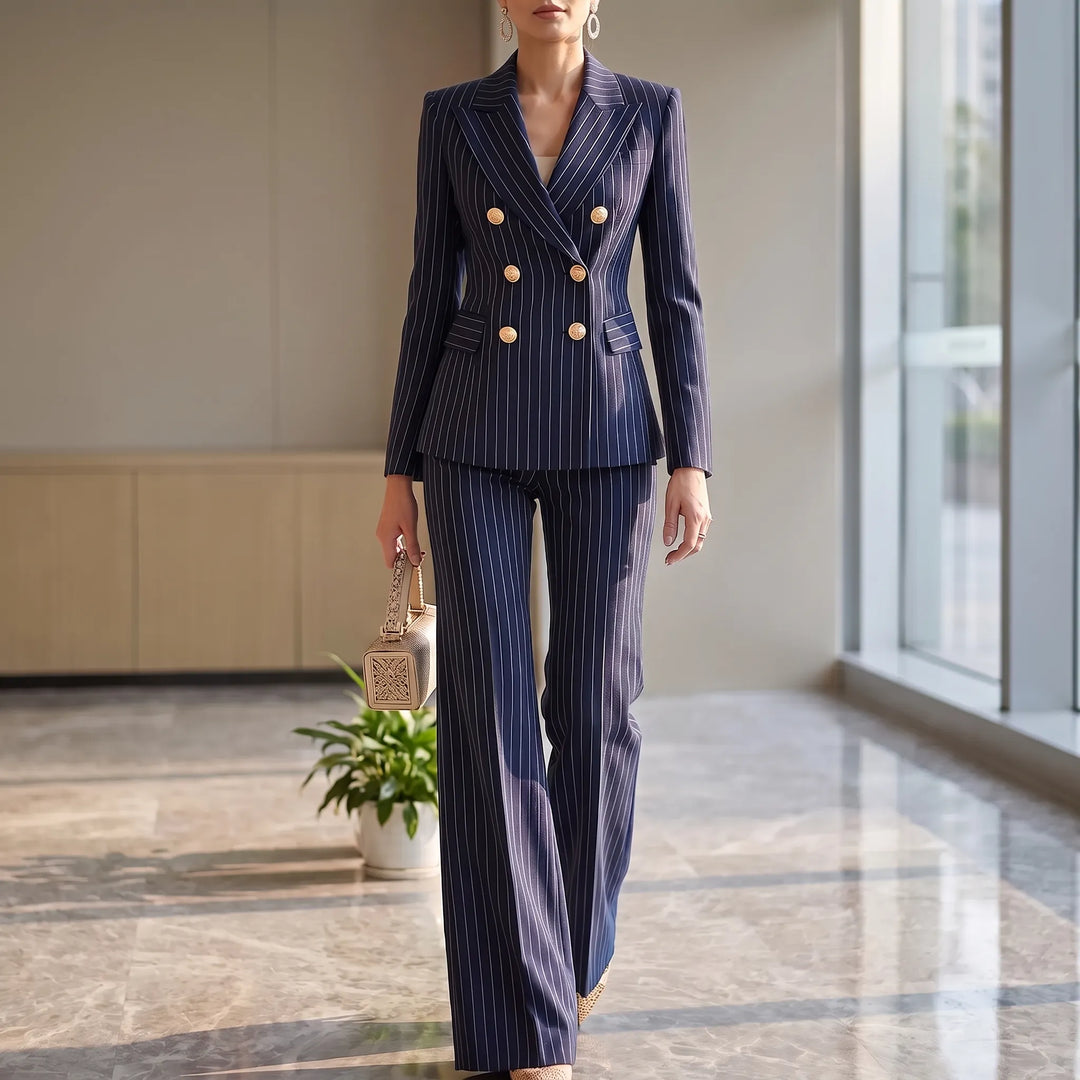 Elegant dames 2-delig gestreept broekpak met blazer en pantalon. Ideaal voor zakelijk of formeel gebruik.