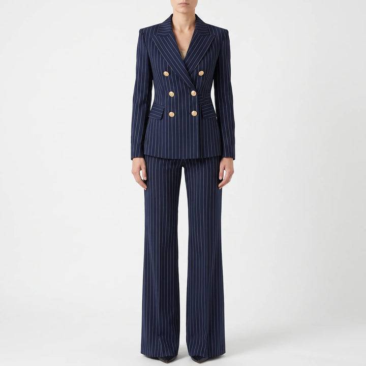 Tijdloos dames broekpak, 2-delig gestreept. Geschikt voor zakelijke kleding, herfstmode en elegante sets.