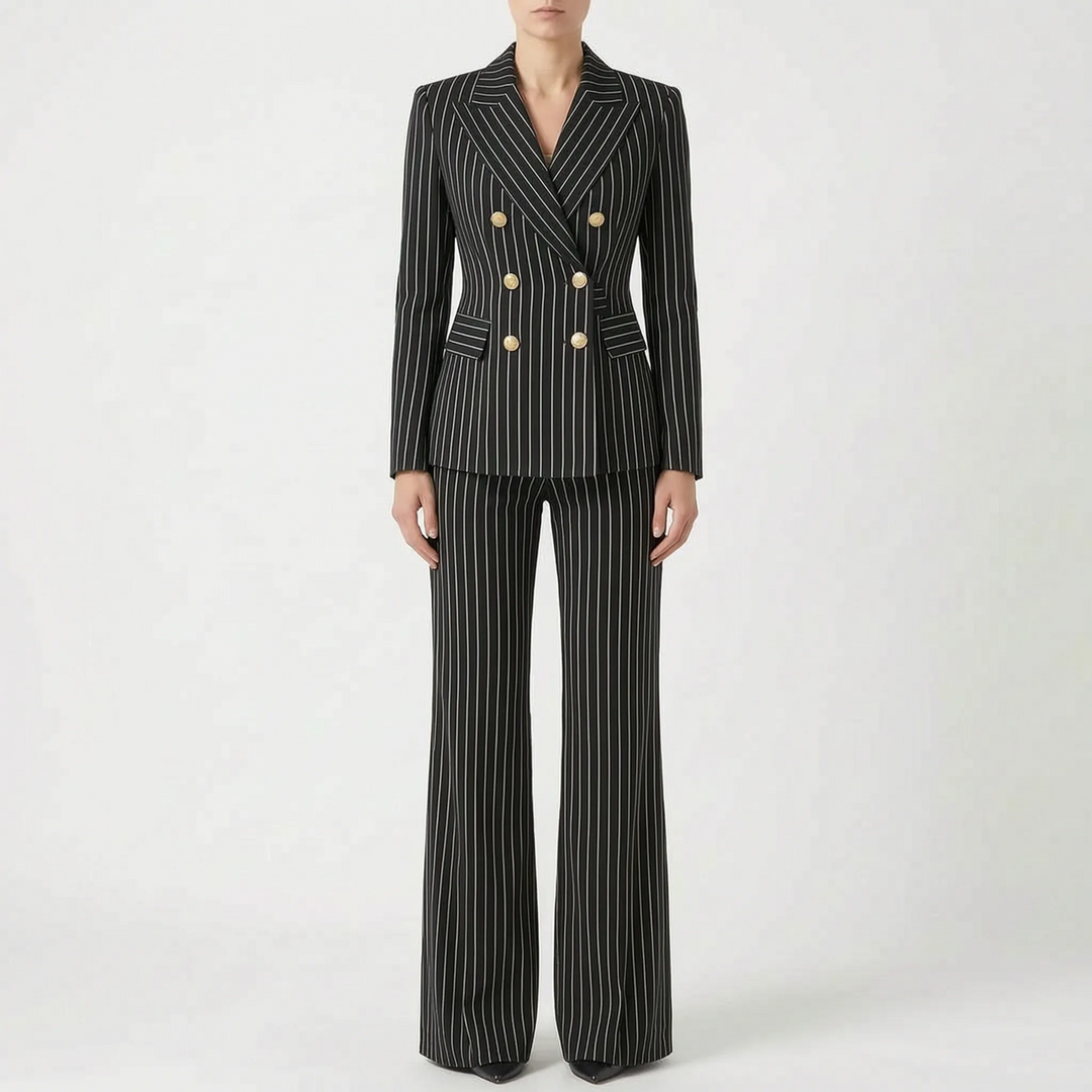 Complete set: 2-delig dames broekpak met gestreepte blazer en bijpassende pantalon. Modieus en veelzijdig.