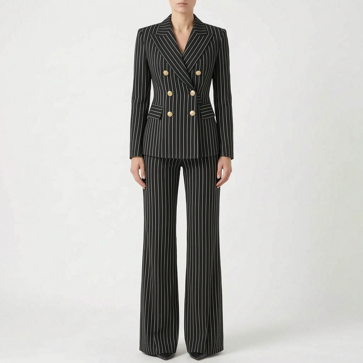 Complete set: 2-delig dames broekpak met gestreepte blazer en bijpassende pantalon. Modieus en veelzijdig.