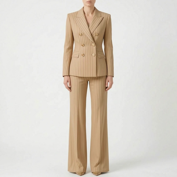 Smart casual dames 2-delig broekpak, gestreept met wijde pijpen. Trendy en comfortabel voor elk seizoen.