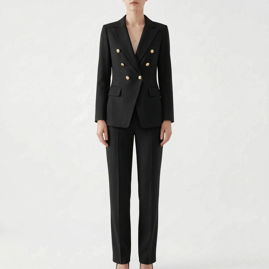 Het Tracey dames broekpak, tweedelig en elegant. Stijlvolle damesmode, perfect als zakelijk pak of formele kantooroutfit.