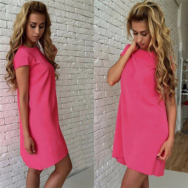 Comfortabele A-lijn dames jurk Plainy. Korte mouwen, effen kleur, perfect als casual of strandjurk.
