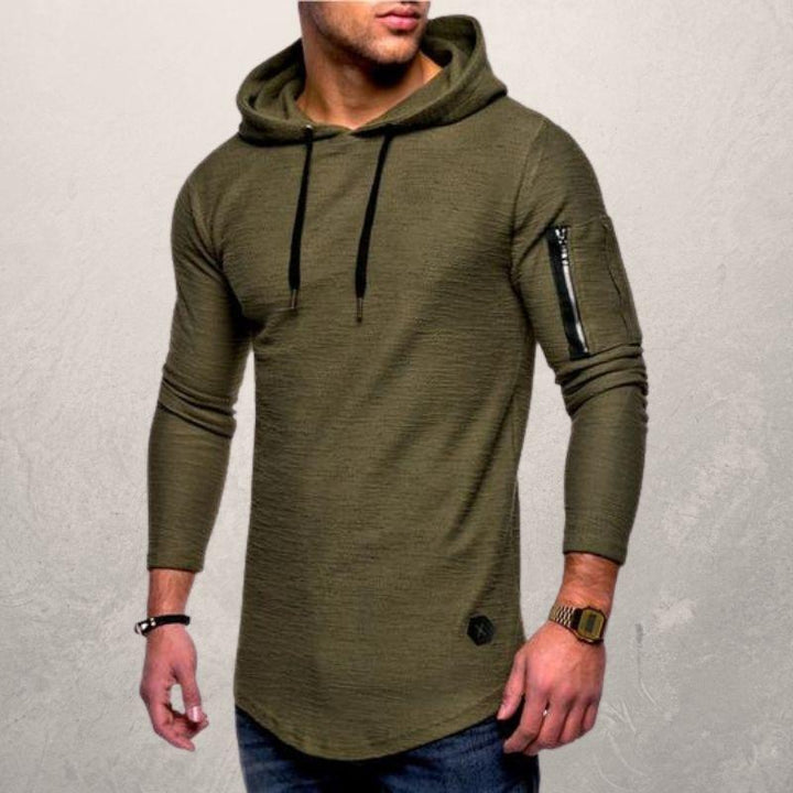Getailleerde slim fit heren hoodie met capuchon. Zwarte LiamsShirt trui voor een moderne look.
