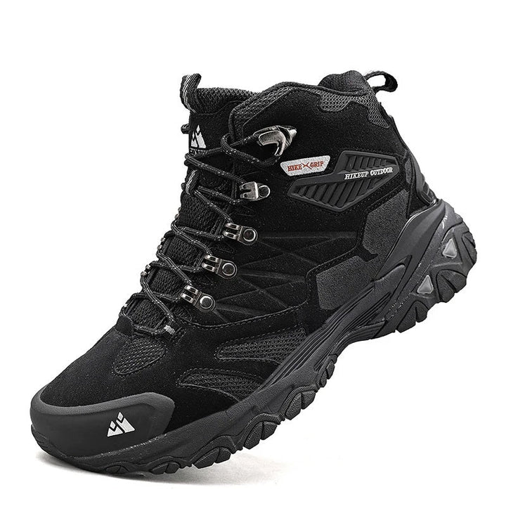 Zwarte hoogmodel heren wandelschoenen, waterdicht en comfortabel, perfect voor avontuurlijke outdoor tochten.