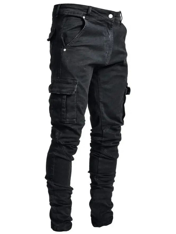 Zwarte heren cargo jeansbroek, moderne spijkerbroek met middelhoge taille en comfortabele pasvorm.