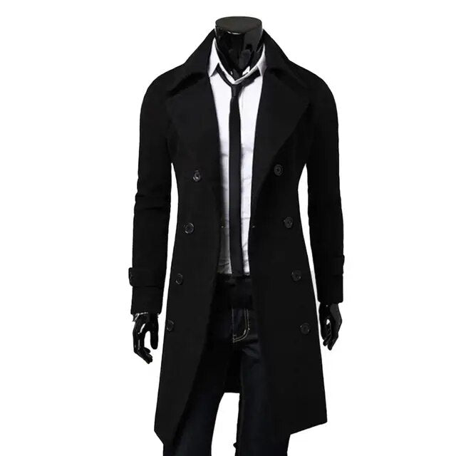 Grijze heren trenchcoat, lange winddichte jas met dubbele knopen. Modieuze heren overkleding, tijdloos design.