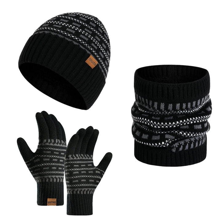 Complete heren winterkleding set: gebreide muts, warme sjaal en comfortabele handschoenen, essentieel accessoire.