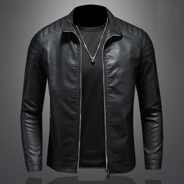Stijlvolle heren bikerjack, zwarte bomberjack look. Trendy outwear voor mannen.