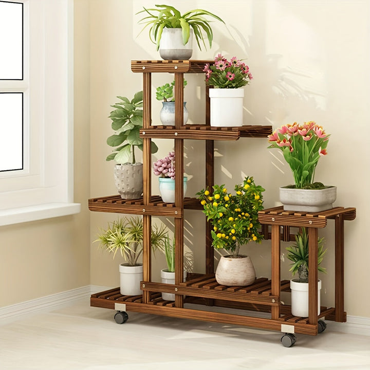 Ruime 6-laags plantenstandaard van gecarboniseerd hout, ideaal voor meerdere planten binnen of buiten.