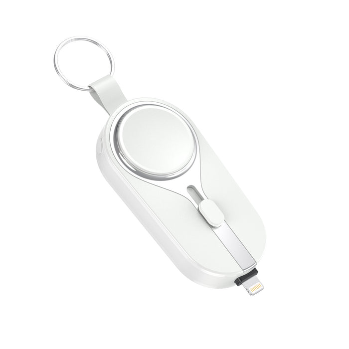 Snelladende powerbank sleutelhanger met QuickCharge, universele mobiele oplader voor iPhone en USB-C telefoons.