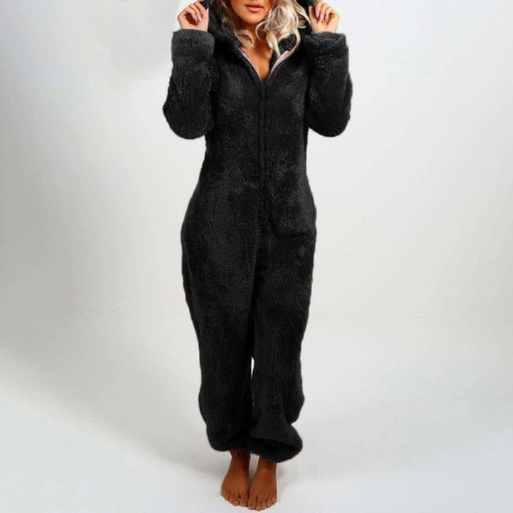 Comfortabele dames jumpsuit met capuchon voor ultieme warmte en ontspanning; ideaal als winter loungewear.